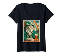 Mujer Retro Irish Bobcat Bebiendo Cerveza Vintage Día de San Patricio Camiseta Cuello V