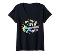 Mujer Retro "It's Summer Time" Tabla de surf de palmera Tie Dye Beach Camiseta Cuello V