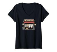 Mujer Retro Japonés Cat Café Lofi Arte Estético Camiseta Cuello V