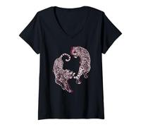 Mujer Retro japonés Glitch Art Tiger Sumi-e Fighter Graphic Camiseta Cuello V