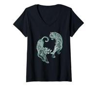 Mujer Retro japonés Glitch Art Tiger Sumi-e Fighter Graphic Camiseta Cuello V