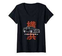 Mujer Retro JDM Drift Coche Japón Yokohama Bayshore Japonés Kanji Camiseta Cuello V