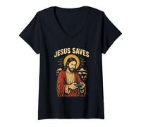 Mujer Retro Jesús Gamer Christian Faith Divertido Jesús Juego de Palabras Diversión Camiseta Cuello V