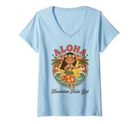 Mujer Retro Kawaii Hula Girl Aloha Tropical Playa Atardecer Hawaii Camiseta Cuello V
