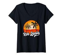 Mujer Retro KOH Lanta Atardecer Palmeras Vintage Viaje Diseño Camiseta Cuello V