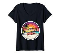 Mujer Retro Maldivas Vibes Beach Vintage Sunset Holiday Souvenir Camiseta Cuello V