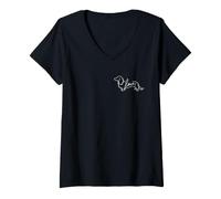 Mujer Retro Minimalist Line Art Long Haired Dachshund Pocket Love Camiseta Cuello V
