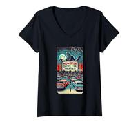 Mujer Retro Monster Horror Drive-In Diseño de Halloween Camiseta Cuello V