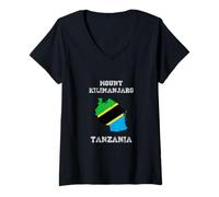 Mujer Retro Mount Kilimanjaro Tanzania Bandera de Tanzania Envejecida Camiseta Cuello V