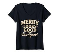 Mujer Retro Navidad Vintage Holiday 70s Santa Groovy Xmas Camiseta Cuello V