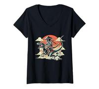 Mujer Retro Ninja Cat Riding A Dinosaur Arte japonés Amantes de los Gatos Camiseta Cuello V