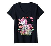 Mujer Retro Niños Unicornios Niña Caballo Flores Cuento de hadas Camiseta Cuello V