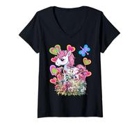 Mujer Retro Niños Unicornios Niña Caballo Flores Cuento de hadas Camiseta Cuello V