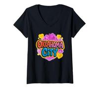 Mujer Retro Oklahoma City Vibrante Horizonte Orgullo Arte Camiseta Cuello V