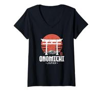 Mujer Retro Onomichi Japón Torii Gate Japanese Kanji Souvenir Camiseta Cuello V