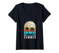 Mujer Retro Palmeras Puesta del Sol Playa Vibe Horizonte AG Camiseta Cuello V