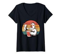Mujer Retro Pollo Fideos Instantáneos en Vaso Pollos Camiseta Cuello V