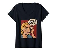 Mujer Retro Pop Art Comic 6x7 Funny Matemáticas Meme 67 Pregunta Brainrot Camiseta Cuello V