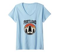 Mujer Retro Portland Sunset Mountain Design Vintage Oregon Forest Camiseta Cuello V