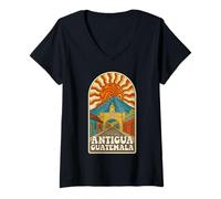 Mujer Retro Psychedelic Antigua Guatemala Travel Poster Camiseta Cuello V