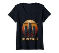 Mujer Retro Puesta del Sol Dormir Esperma Ballenas Mar Vida Profunda Natural Camiseta Cuello V
