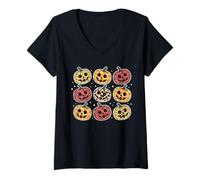 Mujer Retro Pumpkin Cute Faces Halloween Fall Camiseta Cuello V
