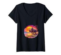 Mujer Retro Rhino Sunset Tropical Beach Ilustración Camiseta Cuello V