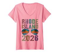Mujer Retro Rhode Island 2026 Vacaciones Familiares Surfer Viaje a Juego Camiseta Cuello V