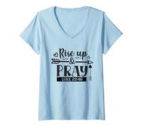 Mujer Retro Rise Up & Pray - Versículo bíblico edificante fe Cristiana Camiseta Cuello V