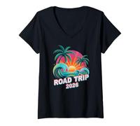 Mujer Retro Road Trip 2026 Vacaciones Playa Viajes Coincidencia Camiseta Cuello V