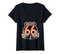 Mujer Retro Road Trip 66 Luces diseño con clásico Muscle Car Camiseta Cuello V