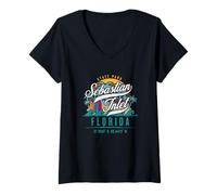 Mujer Retro San Sebastian State Park Florida Surf Puesta de Sol Vacaciones Camiseta Cuello V
