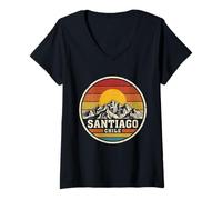 Mujer Retro Santiago Chile Montaña Atardecer Vintage Insignia Camiseta Cuello V