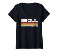 Mujer Retro Seúl Corea del Sur Diseño Coreano Viaje Souvenir Camiseta Cuello V
