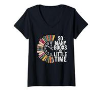 Mujer Retro So Many Books Little Time Book Reloj Lectura Divertido Camiseta Cuello V
