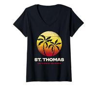Mujer Retro St. Thomas USVI Palmera Atardecer Camiseta Cuello V