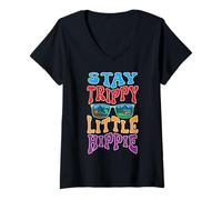 Mujer Retro Stay Trippy Pequeño Hippie Amante de la Paz 60s 70s Camiseta Cuello V