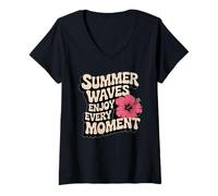 Mujer Retro Summer Vibes Design Tipografía de Olas de Verano Camiseta Cuello V