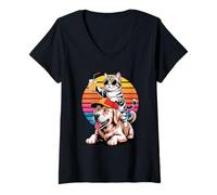 Mujer Retro Sunset Golden Retriever GR Dog American Shorthair Cat Camiseta Cuello V