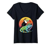 Mujer Retro Sunset Toco Toucan Iguana Toucans Camiseta Cuello V