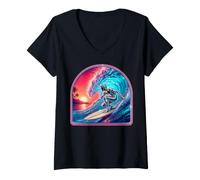 Mujer Retro Surfer Riding Vibrant Ocean Wave Camiseta Cuello V