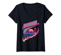Mujer Retro Synthwave Flauta De Pan Flautista Camiseta Cuello V