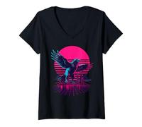 Mujer Retro Synthwave Kaiju Monstruo Cuervo Ciudad Cuervos Camiseta Cuello V