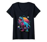 Mujer Retro Synthwave T-Rex Dinosaurio Tyrannosaurus Rex Camiseta Cuello V
