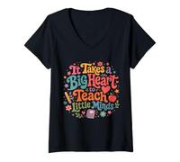 Mujer Retro Teacher Big Heart Little Minds Aula Humor Camiseta Cuello V