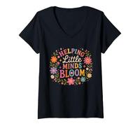 Mujer Retro Teacher Helping Little Minds Bloom Floral Cita Camiseta Cuello V