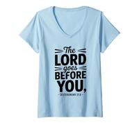 Mujer Retro The Lord Goes Before You - Verso de la Biblia Christian Faith Camiseta Cuello V