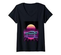 Mujer Retro Time Rider - Colorido Cuadrícula Futuro Arte del Coche Camiseta Cuello V