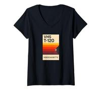 Mujer Retro VHS T-120 Videocassette 80s Nostalgia Video analógico Camiseta Cuello V