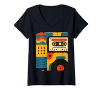 Mujer Retro Vintage Casete Sueños y Surcos de Vinilo en Movimiento Camiseta Cuello V